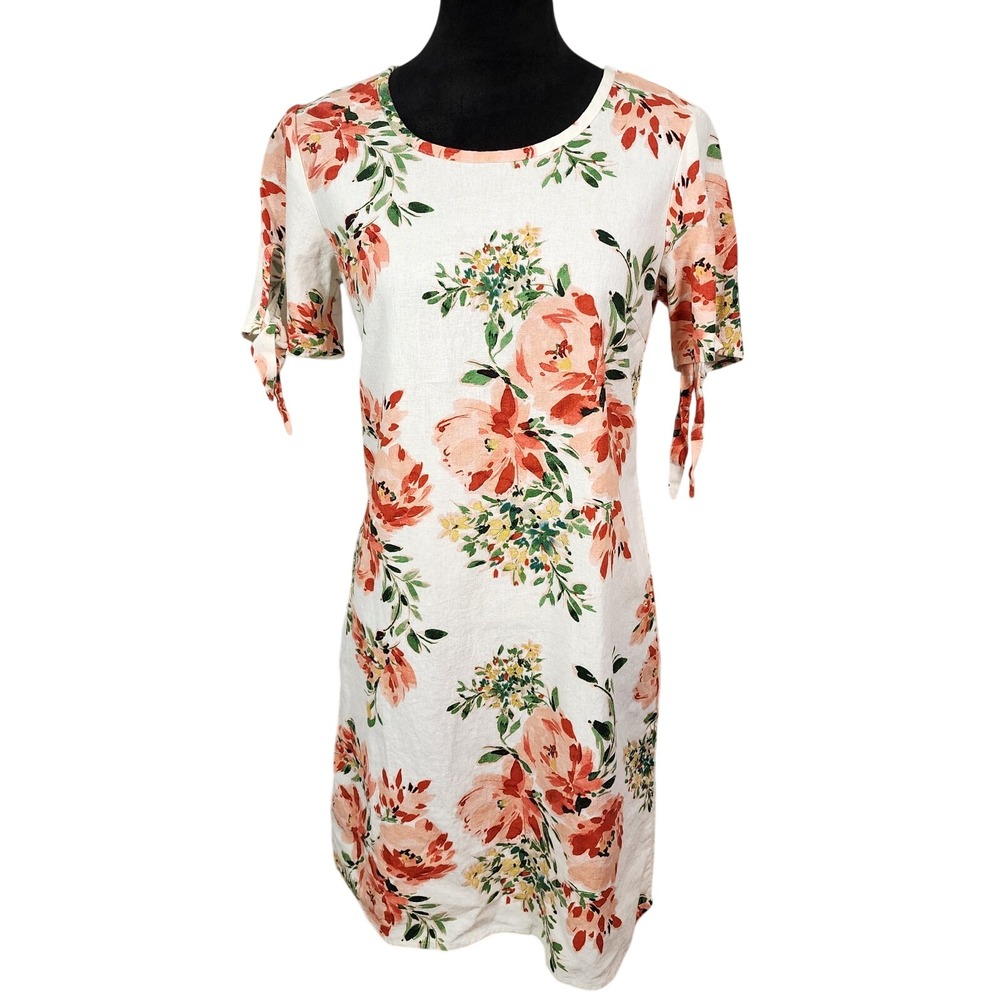 CHLOE + RENE Size Small Linen Rayon Blend Floral Tie Sleeve Spring Summer Dress